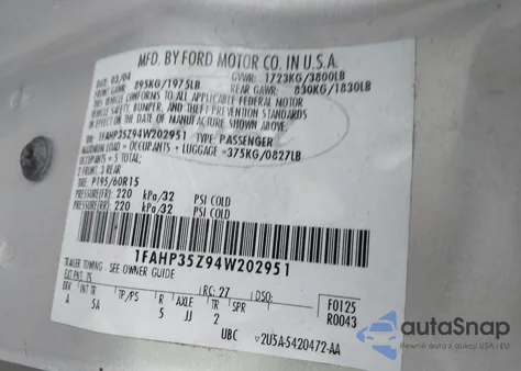 2004 Ford Focus Ztw из США, поврежденный, VIN 1FAHP35Z94W202951